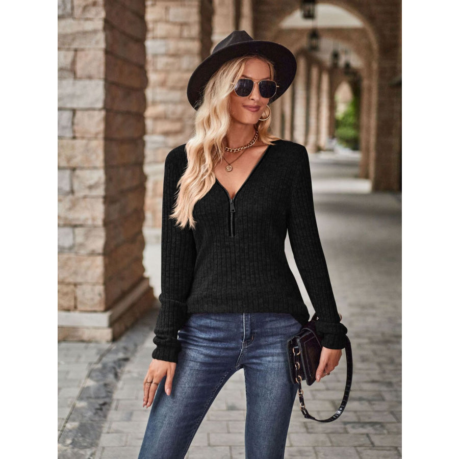 Half-Zip V-Neck Long Sleeve Top