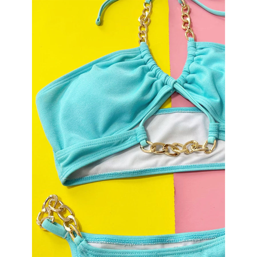 Halter Neck Chain Detail Two-Piece Bikini Set Apparel and Accessories