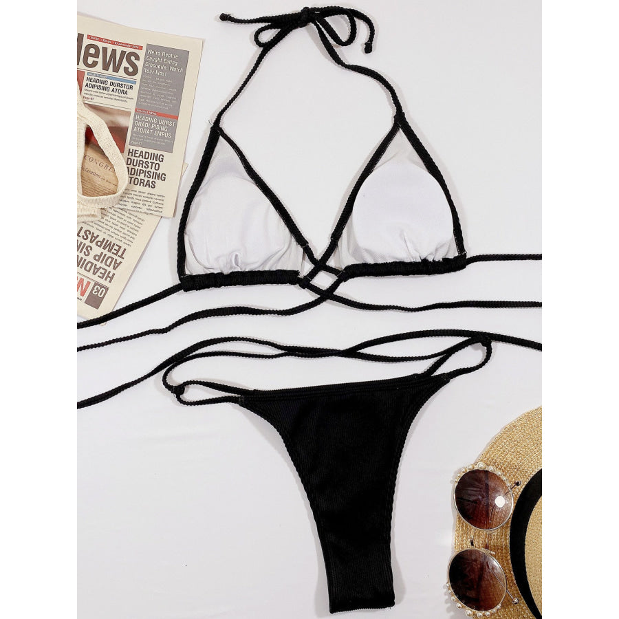Halter Neck Crisscross Ribbed Bikini Set Apparel and Accessories