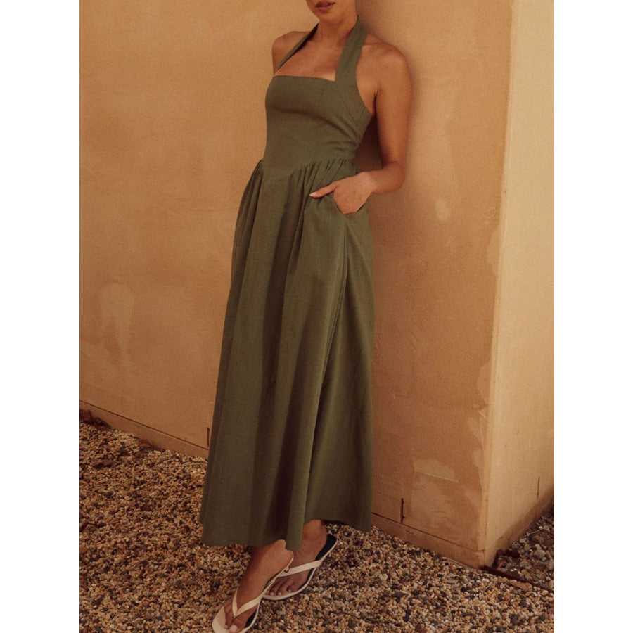Halter Neck Maxi Dress with Pockets Moss / S Apparel and Accessories