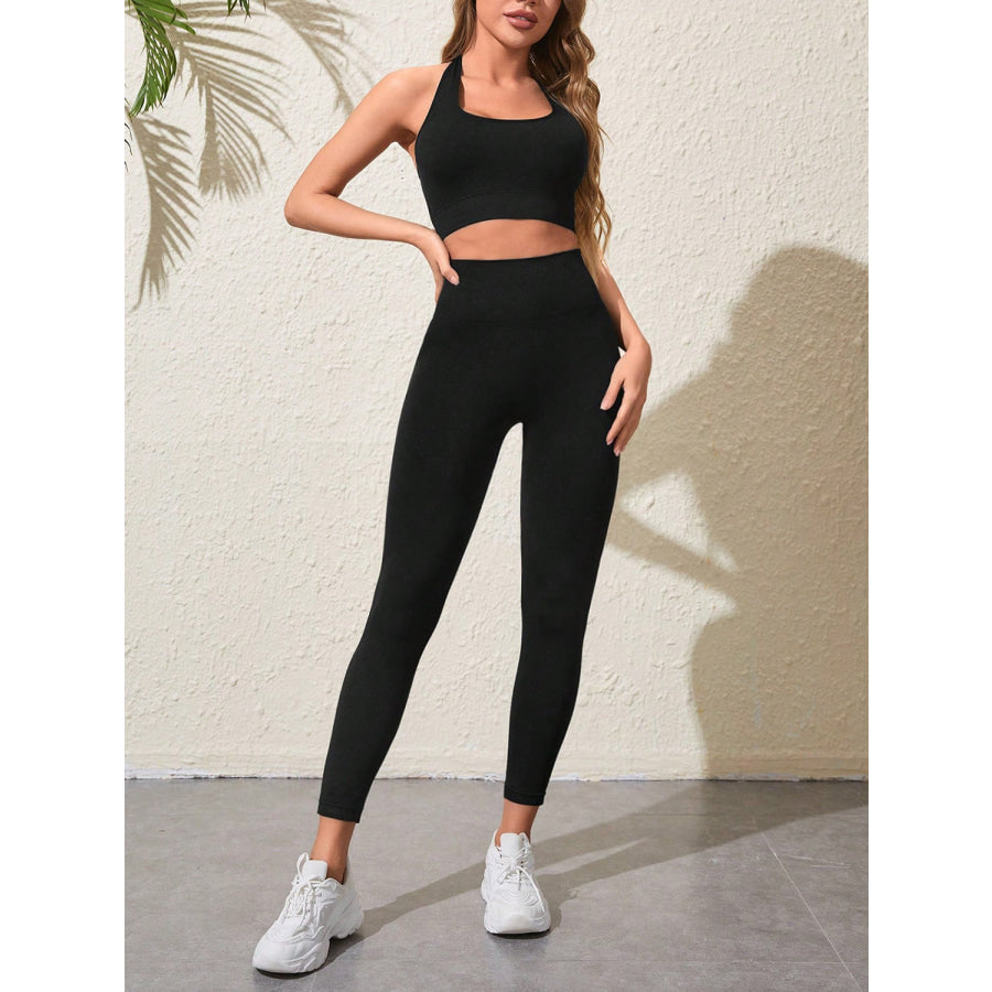 Halter Neck Top and Pants Active Set Black / S Apparel Accessories