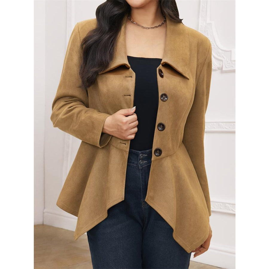 Handkerchief Hem Button Up Collared Neck Jacket Camel / S Apparel and Accessories