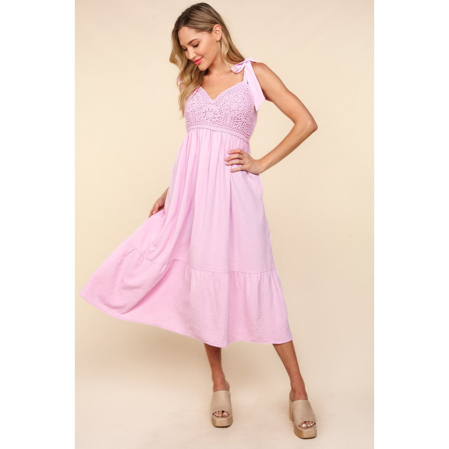 Haptics Crochet Lace Ruffle Hem Cami Midi Dress Pink / S Apparel and Accessories