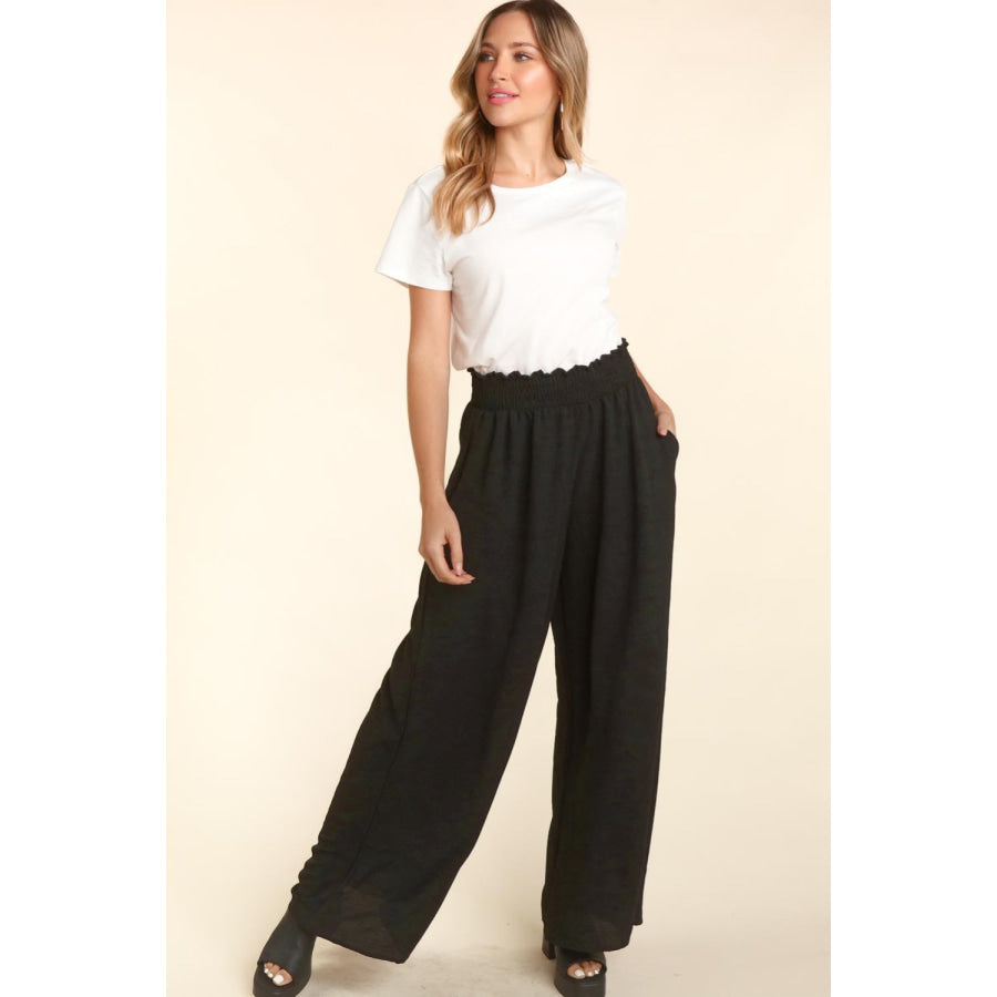 Haptics Elastic Waist Wide Leg Pants with Pockets Apparel and Accessories