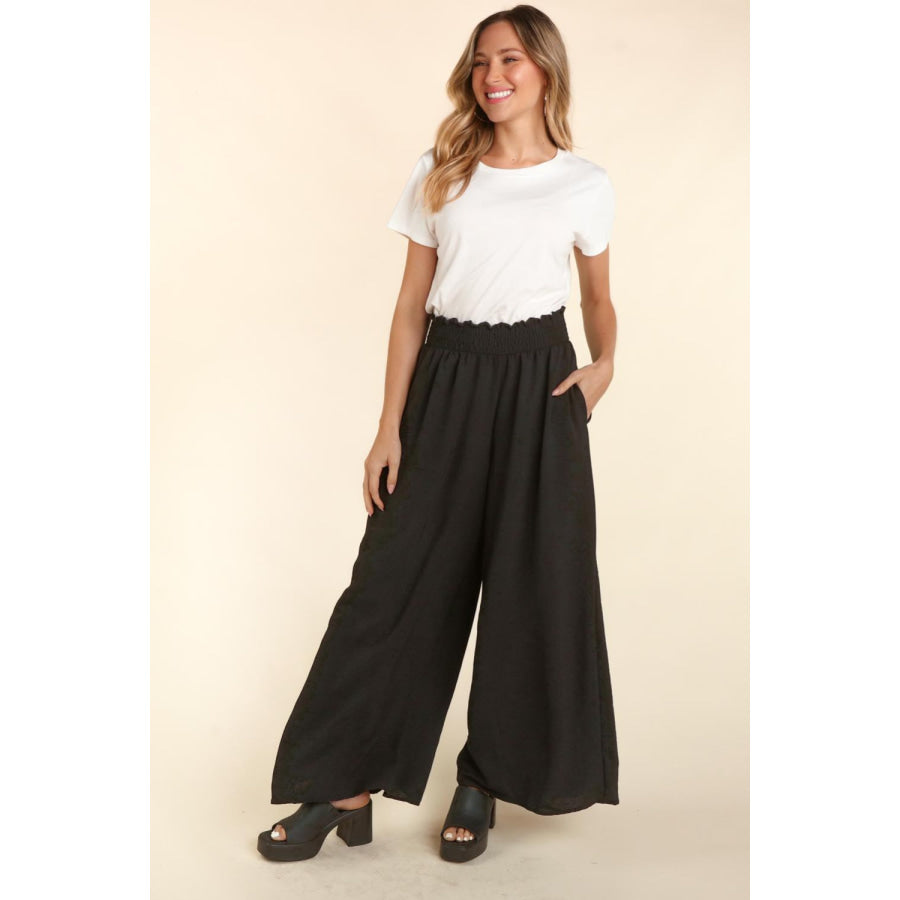 Haptics Elastic Waist Wide Leg Pants with Pockets Black / S Apparel and Accessories