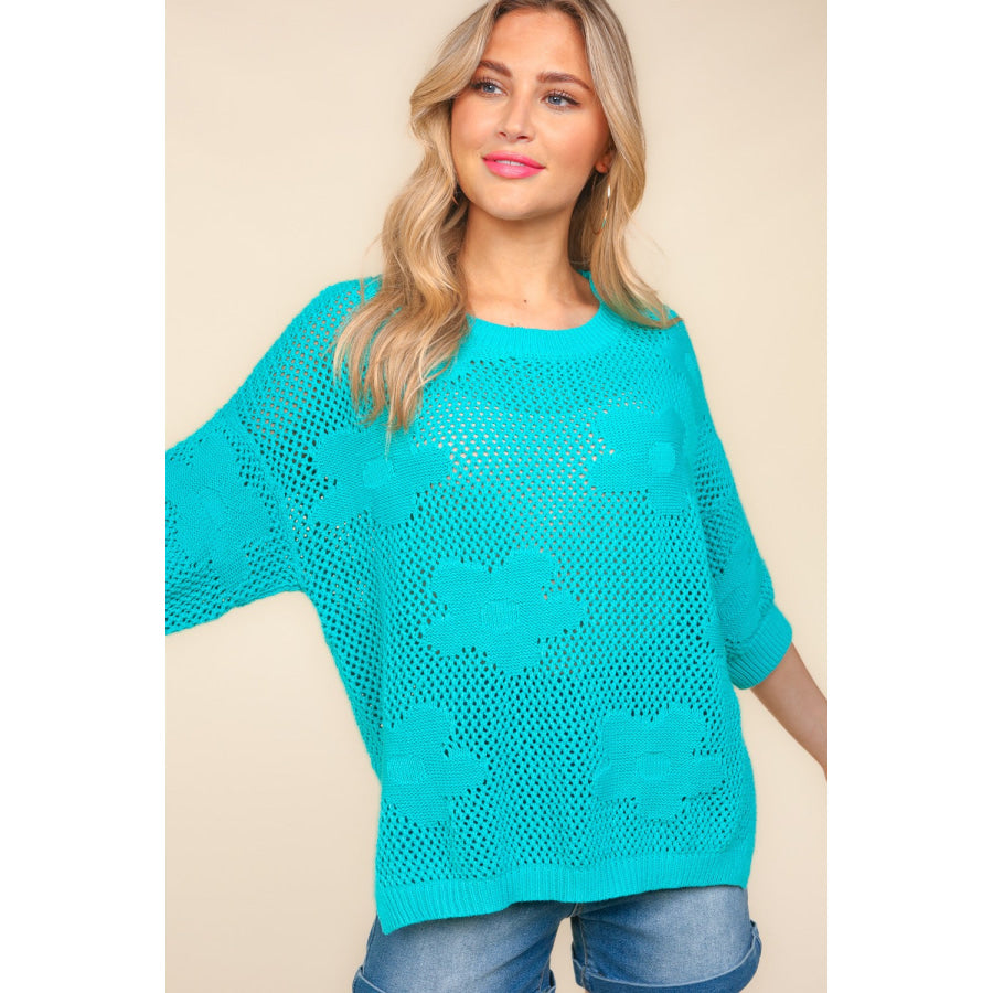 Haptics Floral Crochet Side Slit Knit Top Apparel and Accessories