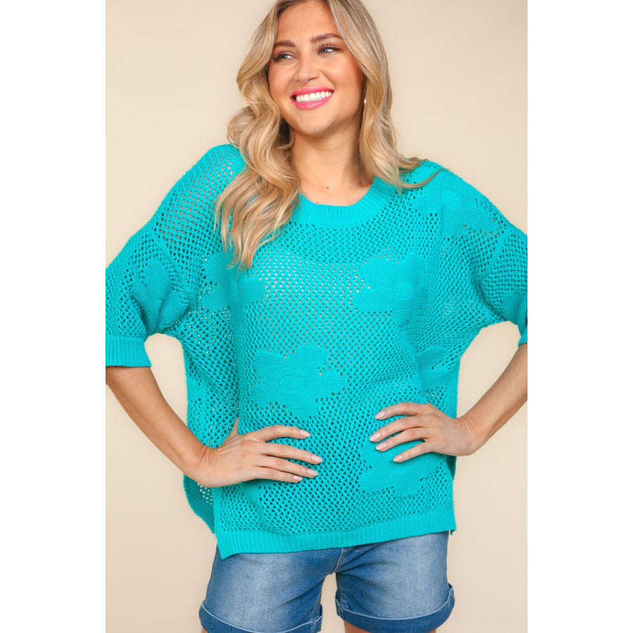 Haptics Floral Crochet Side Slit Knit Top Mint / S Apparel and Accessories