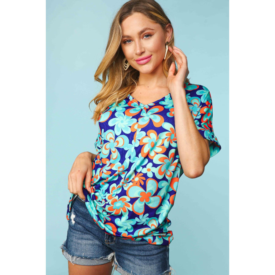 Haptics Floral Drop Shoulder Short Sleeve T-Shirt Seafoam/Royal/Orange / S Apparel and Accessories