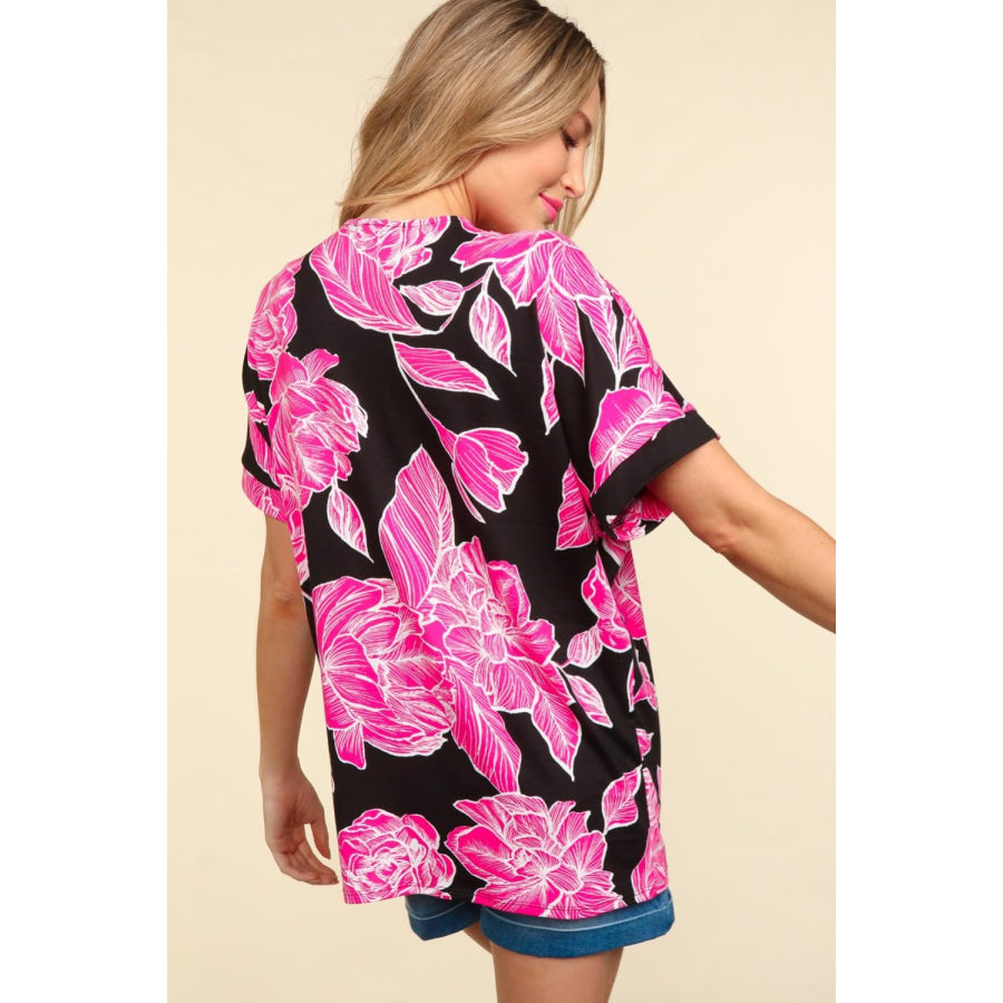 Haptics Floral Drop Shoulder T-Shirt Black/Hot Pink / S Apparel and Accessories