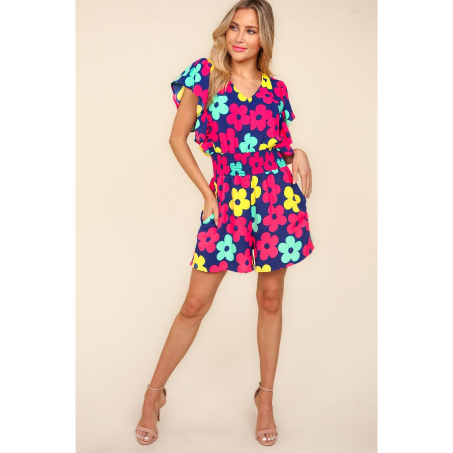 Haptics Floral Smocked Waist Romper with Side Pockets Apparel and Accessories