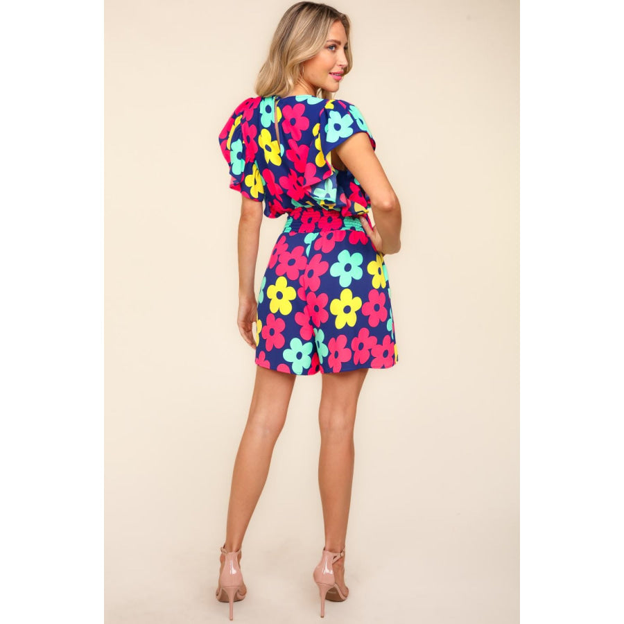 Haptics Floral Smocked Waist Romper with Side Pockets Navy/Fuchsia / S Apparel and Accessories