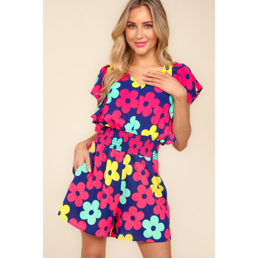 Haptics Floral Smocked Waist Romper with Side Pockets Apparel and Accessories