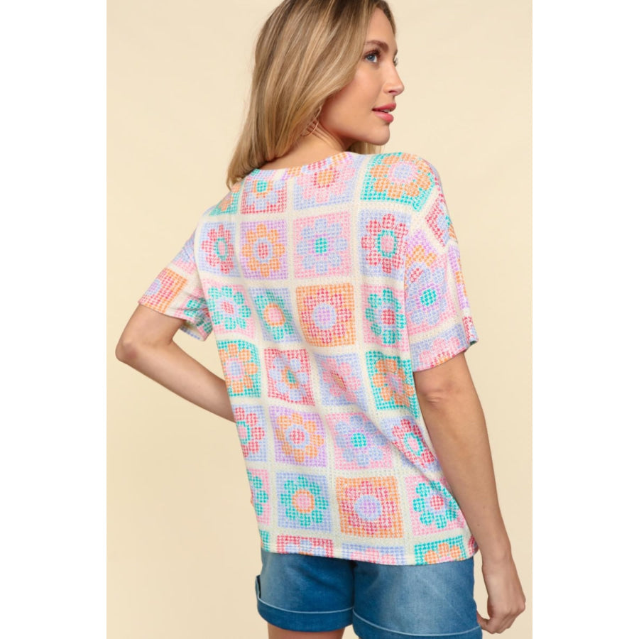Haptics Flower Print Round Neck Short Sleeve T-Shirt Oatmeal/Teal/Orange / S Apparel and Accessories