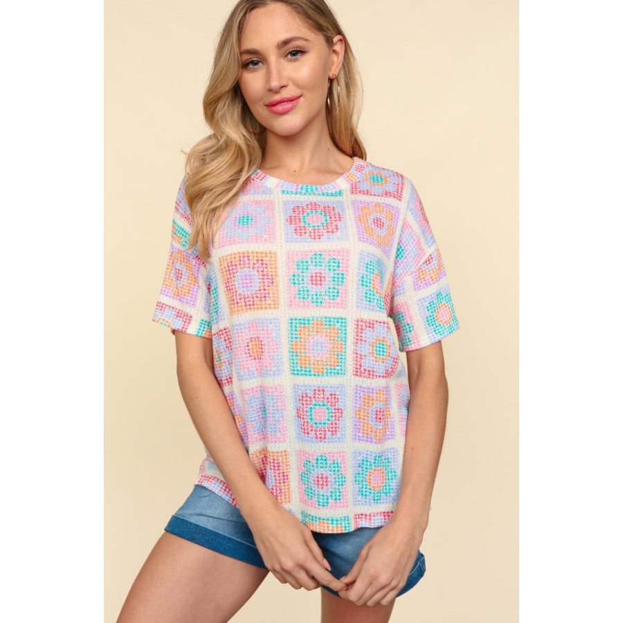 Haptics Flower Print Round Neck Short Sleeve T-Shirt Oatmeal/Teal/Orange / S Apparel and Accessories