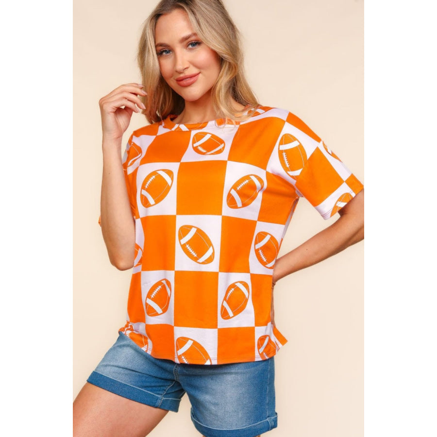 Haptics Football Checkered Print Short Sleeve T-Shirt Orange / S Apparel and Accessories