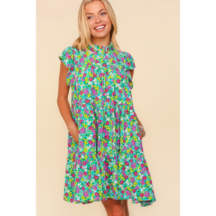 Haptics Frilled Mock Neck Ditsy Floral Dress Apparel and Accessories