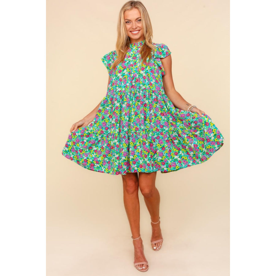Haptics Frilled Mock Neck Ditsy Floral Dress Apparel and Accessories