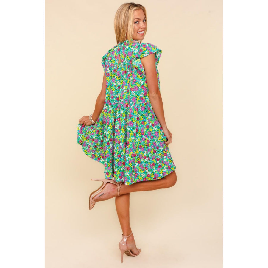 Haptics Frilled Mock Neck Ditsy Floral Dress Aqua / S Apparel and Accessories