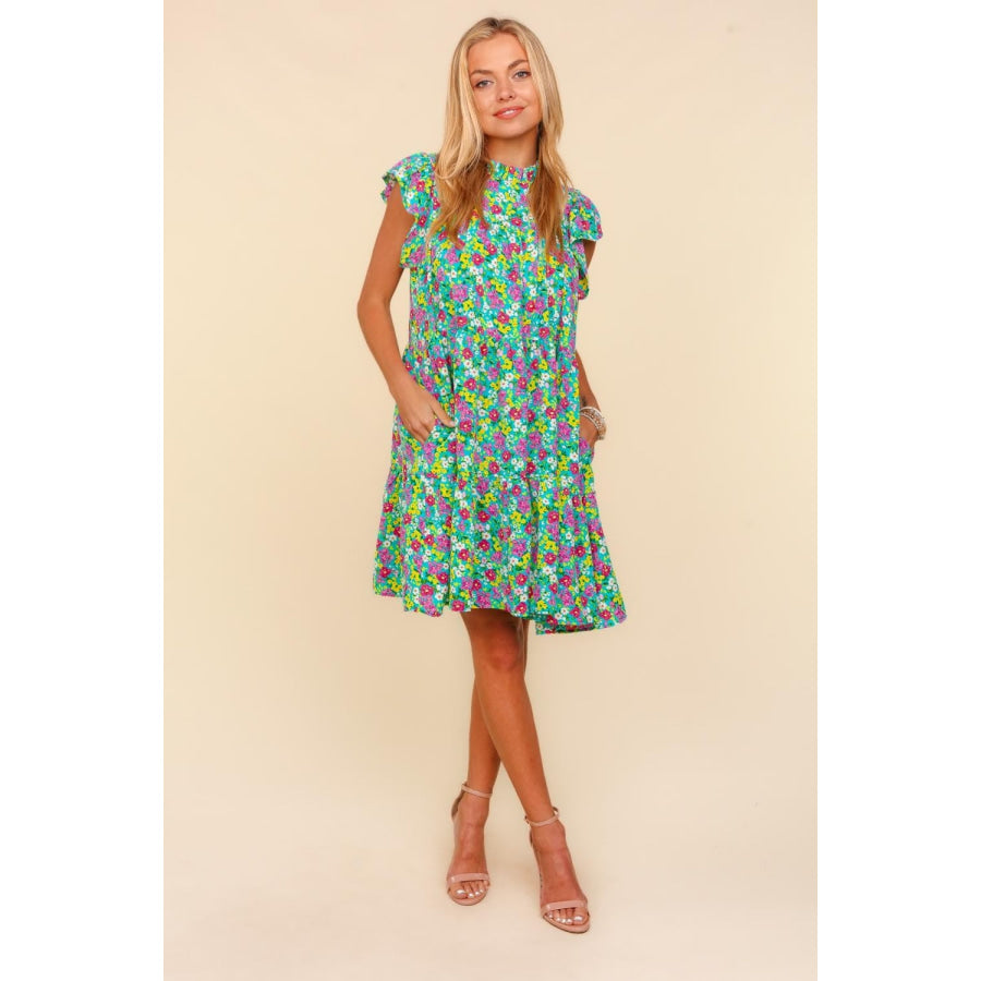 Haptics Frilled Mock Neck Ditsy Floral Dress Aqua / S Apparel and Accessories