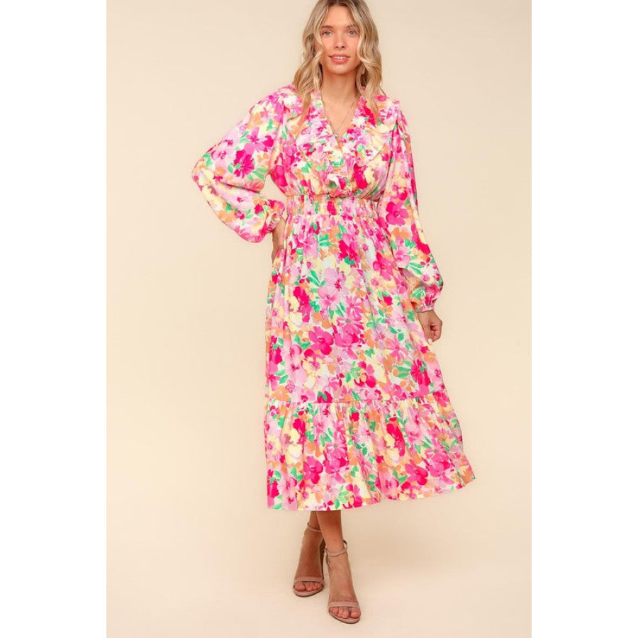 Haptics Full Size Floral Surplice Balloon Sleeve Dress with Side Pockets Multicolor / S Apparel and Accessories