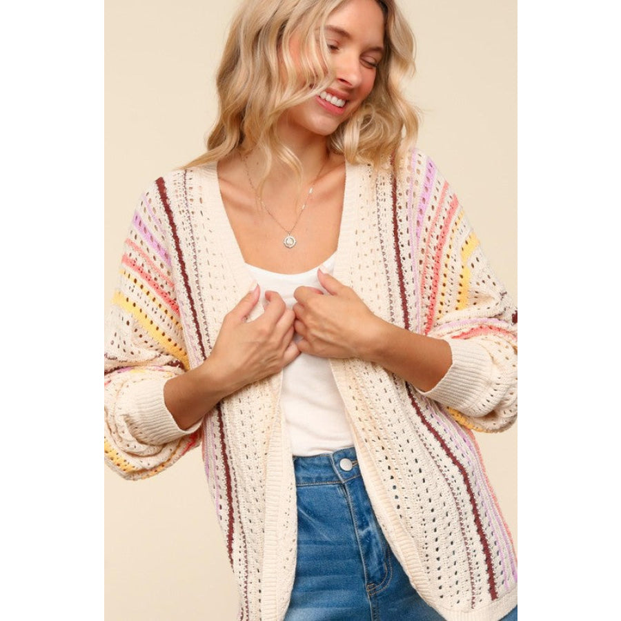 Haptics Full Size Striped Crochet Open Front Cardigan Oatmeal/Coral/Yellow / S Apparel and Accessories