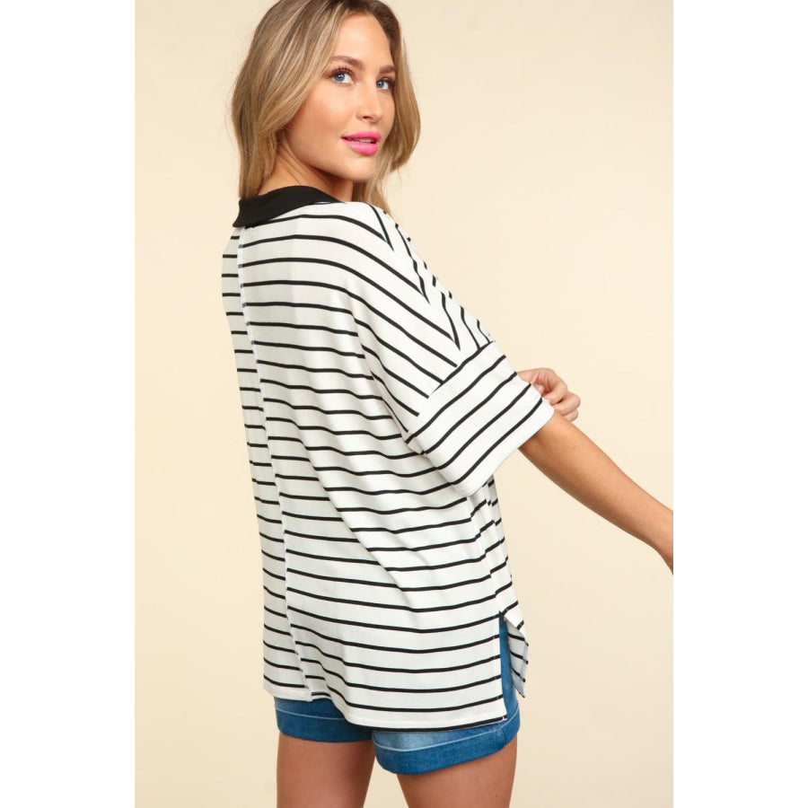 Haptics Full Size Striped Dropped Shoulder Half Sleeve T-Shirt Apparel and Accessories