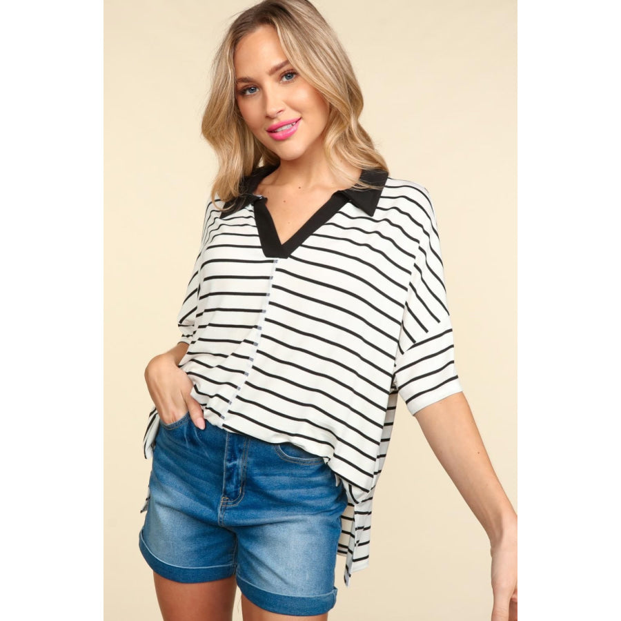 Haptics Full Size Striped Dropped Shoulder Half Sleeve T-Shirt Apparel and Accessories