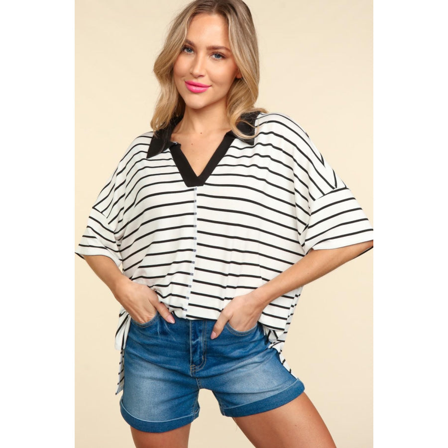 Haptics Full Size Striped Dropped Shoulder Half Sleeve T-Shirt Off White/Black / S Apparel and Accessories