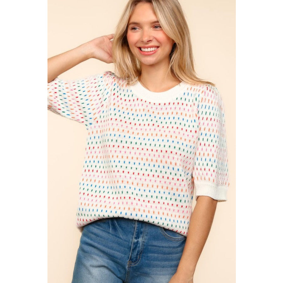 Haptics Round Neck Half Sleeve Multi Color Knit Top Apparel and Accessories