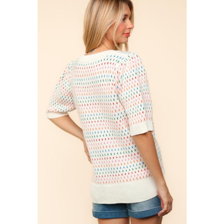 Haptics Round Neck Half Sleeve Multi Color Knit Top Ivory / S Apparel and Accessories
