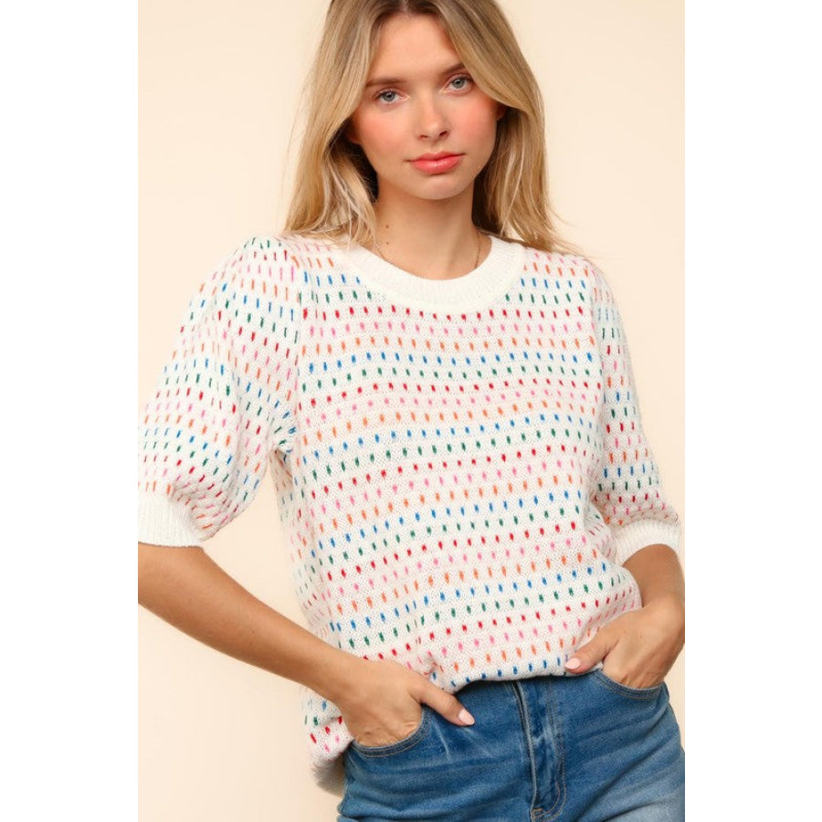 Haptics Round Neck Half Sleeve Multi Color Knit Top Ivory / S Apparel and Accessories