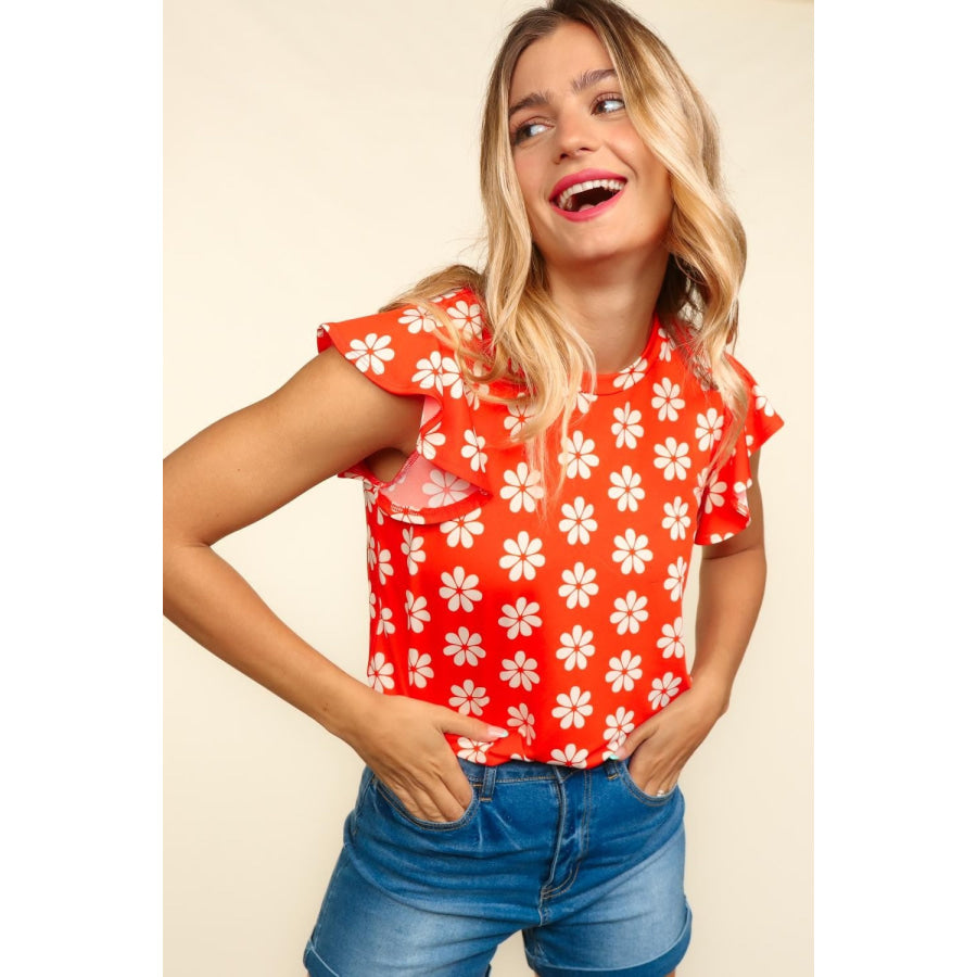 Haptics Round Neck Ruffled Floral Contrast Knit Top Scarlet / S Apparel and Accessories