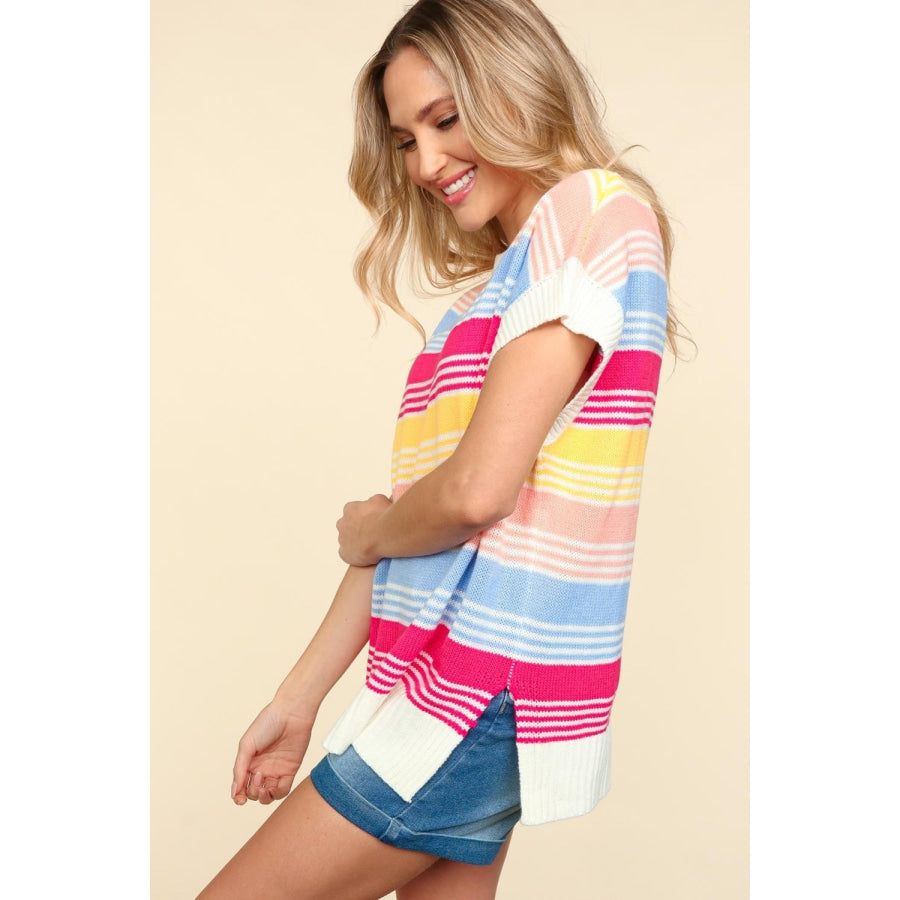 Haptics Striped Side Slit Short Sleeve Knit Top Apparel and Accessories