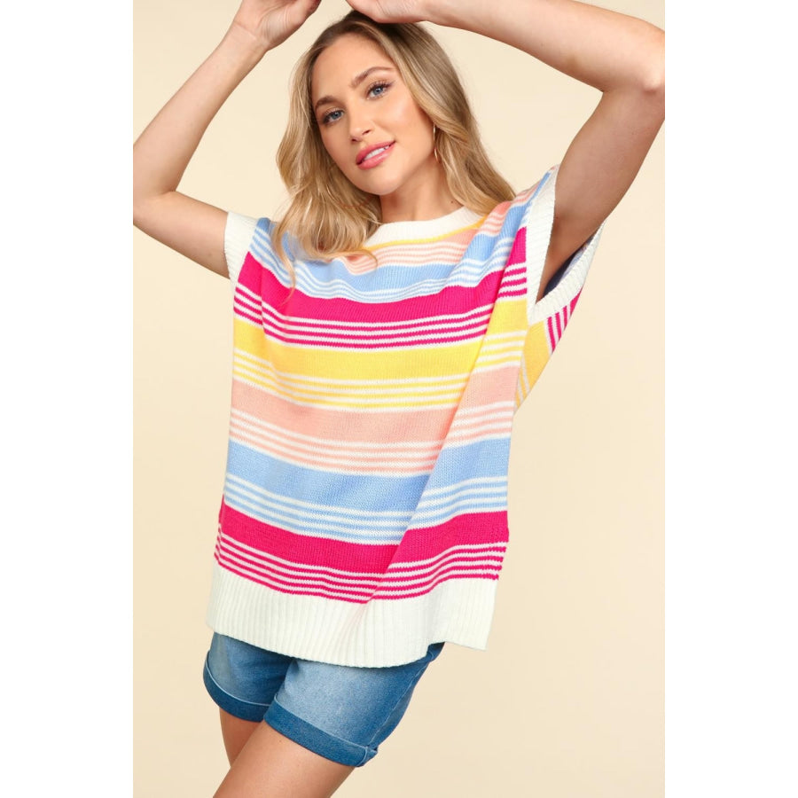 Haptics Striped Side Slit Short Sleeve Knit Top Apparel and Accessories
