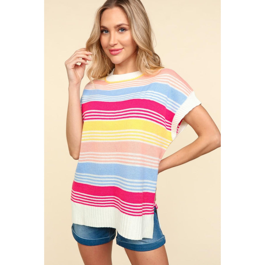 Haptics Striped Side Slit Short Sleeve Knit Top Blue/Fuchsia/Yellow / S Apparel and Accessories