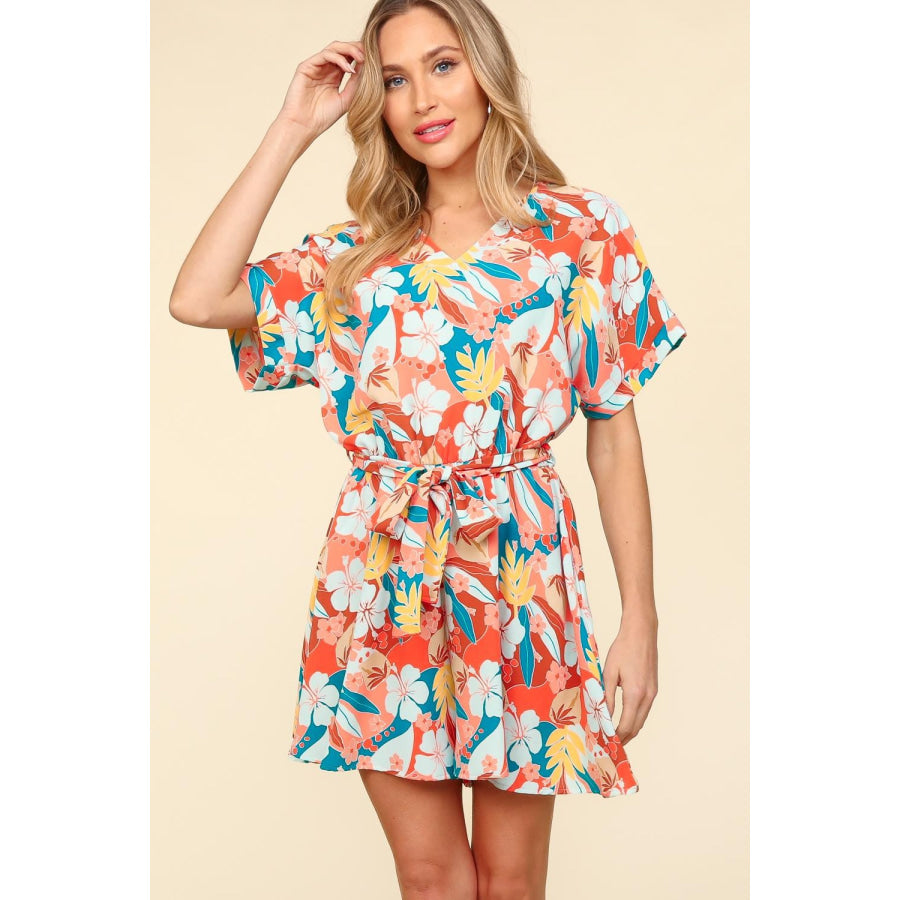 Haptics Tropical Floral Short Sleeve Tied Romper Apparel and Accessories