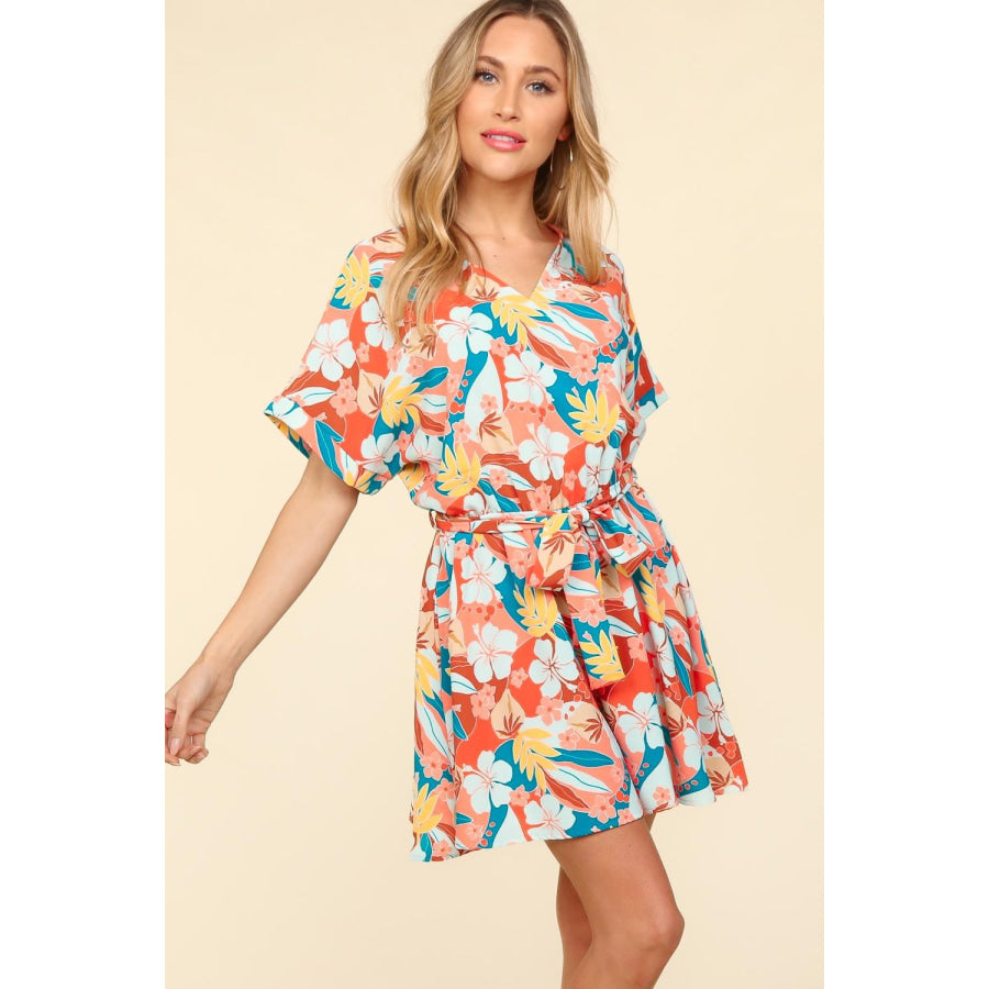 Haptics Tropical Floral Short Sleeve Tied Romper Coral/Teal/Light Blue / S Apparel and Accessories