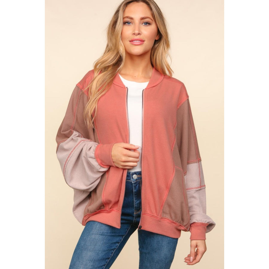 Haptics Zip Up Color Block Bomber Jacket with Side Pockets Apparel and Accessories