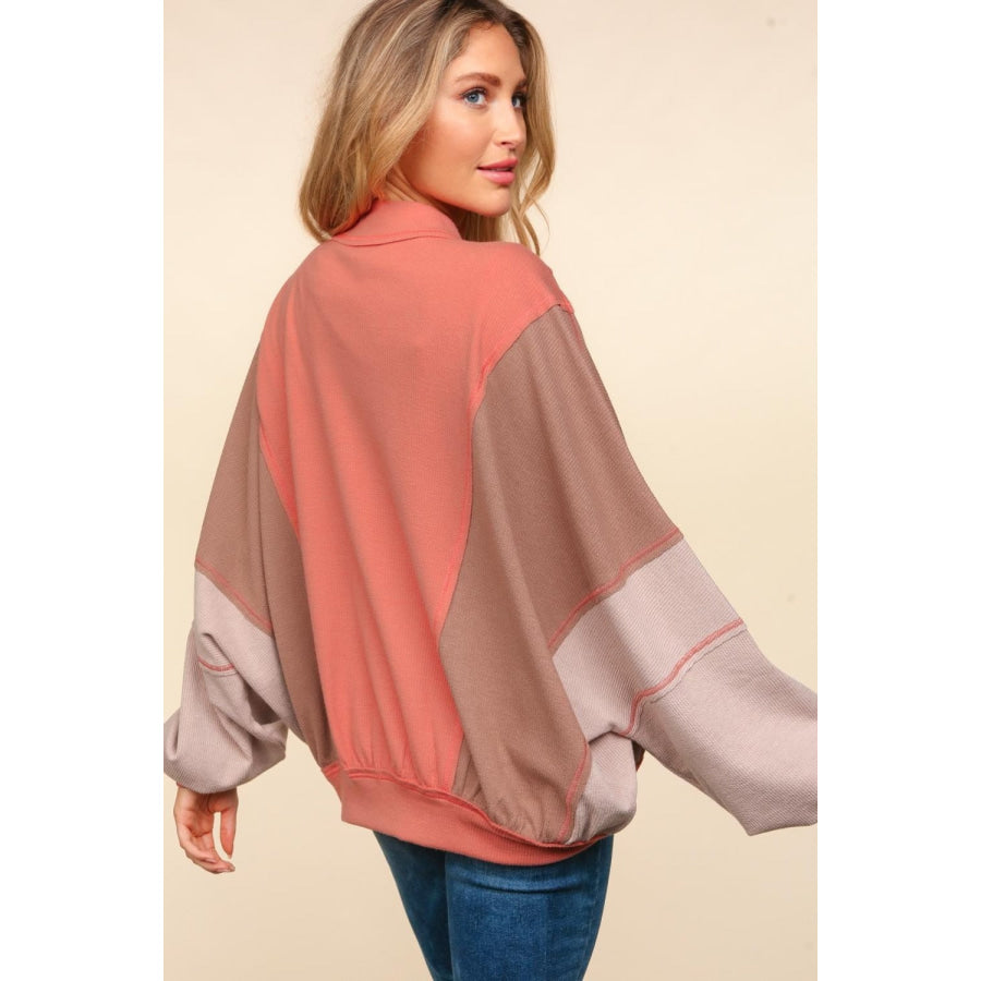 Haptics Zip Up Color Block Bomber Jacket with Side Pockets Sienna/Camel/Sand / S Apparel and Accessories