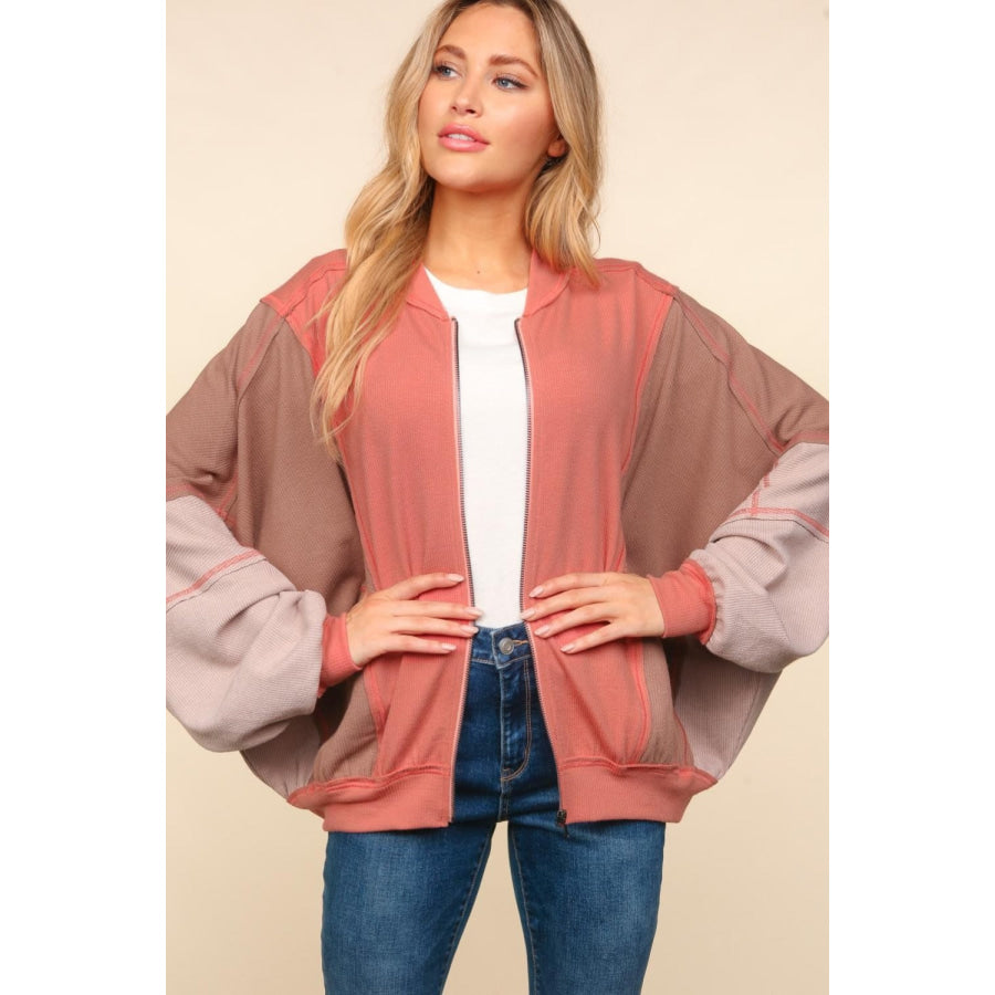 Haptics Zip Up Color Block Bomber Jacket with Side Pockets Apparel and Accessories