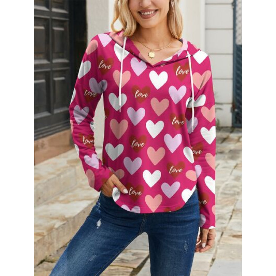 Heart Drawstring Dropped Shoulder Hoodie Deep Rose / S Apparel and Accessories