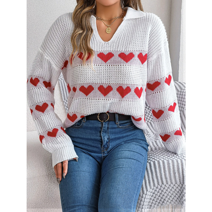 Heart Johnny Collar Long Sleeve Sweater Apparel and Accessories