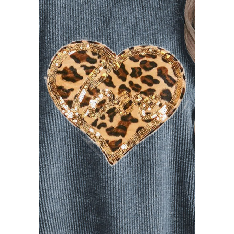 Heart Leopard Sequin Round Neck Sweatshirt Apparel and Accessories