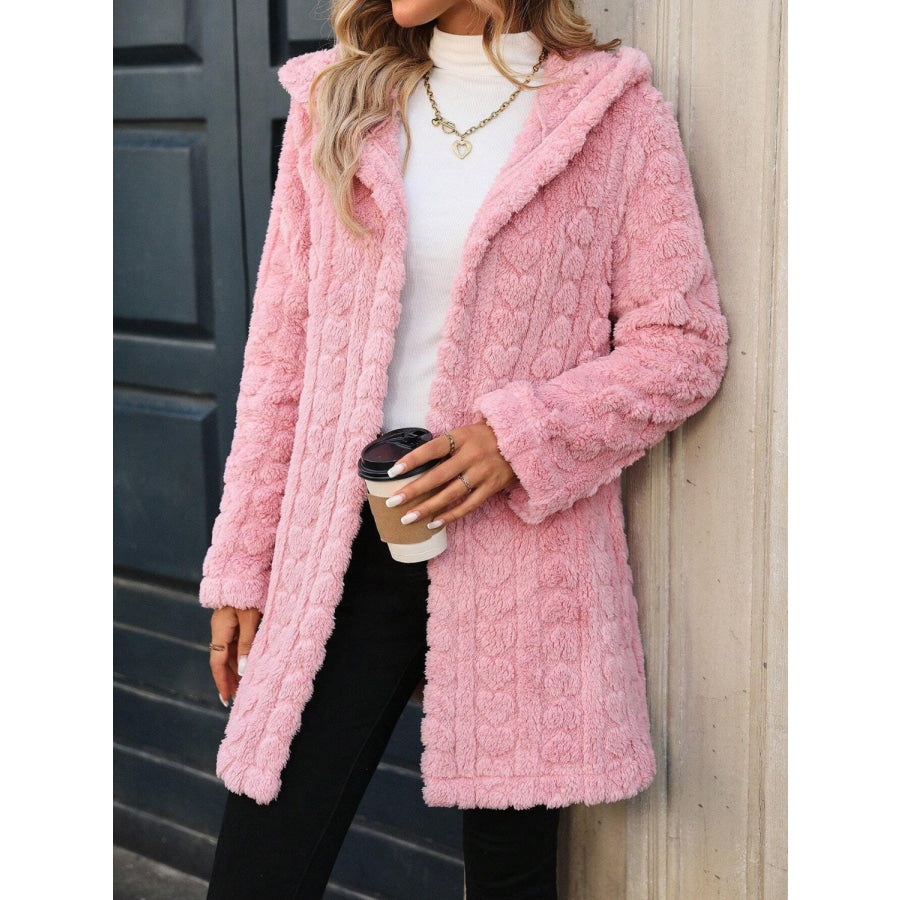 Heart Open Front Hooded Fuzzy Coat Blush Pink / S Apparel and Accessories