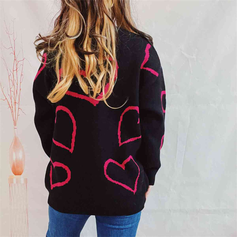 Heart Pattern Long Sleeve Sweater Black / S