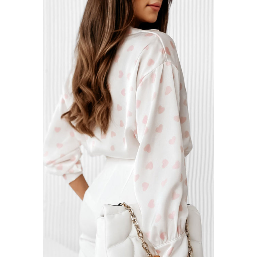 Heart Print Collared Neck Long Sleeve Shirt Apparel and Accessories