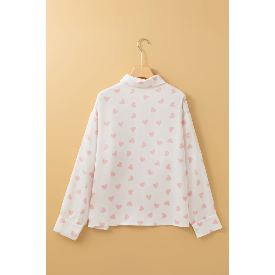 Heart Print Collared Neck Long Sleeve Shirt Apparel and Accessories