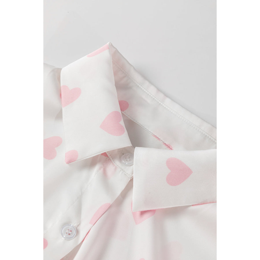 Heart Print Collared Neck Long Sleeve Shirt Apparel and Accessories