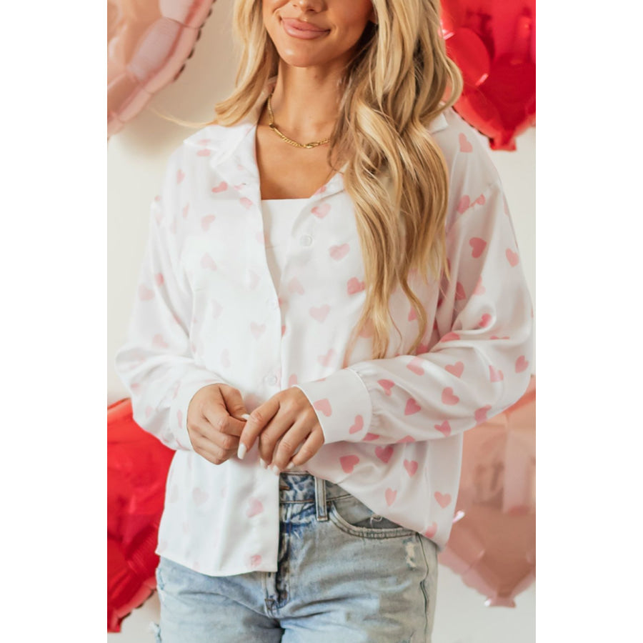 Heart Print Collared Neck Long Sleeve Shirt Apparel and Accessories