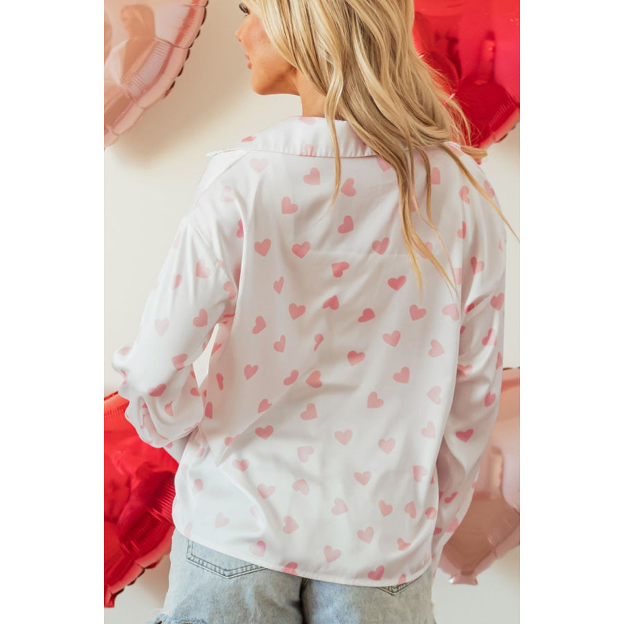 Heart Print Collared Neck Long Sleeve Shirt Apparel and Accessories